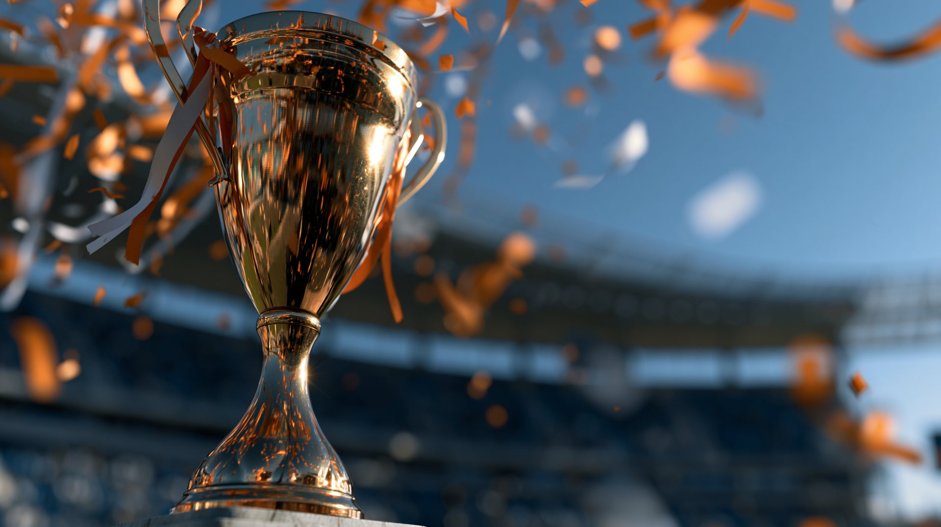 Confetti dwarrelt over een leeg voetbalveld in de schemering